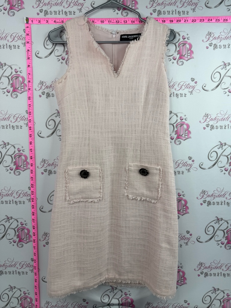 Karl Lagerfeld Dress Pink Blush Pink Tweed V-Neck Shift Dress Buttons Black
